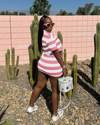 HBQ Women's Casual Two Piece Skirt Sets Polo Collar Crop Top Striped Mini Dress Summer Vacation-Stripe