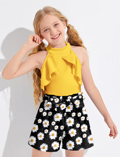 MIGU Girls Clothes Summer Halter Neck Ruffle Sleeveless Top Fashion Cute Floral Belt Shorts Two Piece Outfit Set Size 6-12