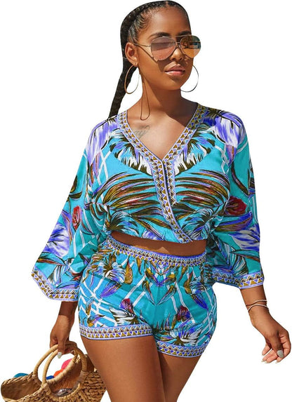 Sexy Two Piece Shorts Set - African Floral Jumpsuits Rompers Vacation Club Outfit