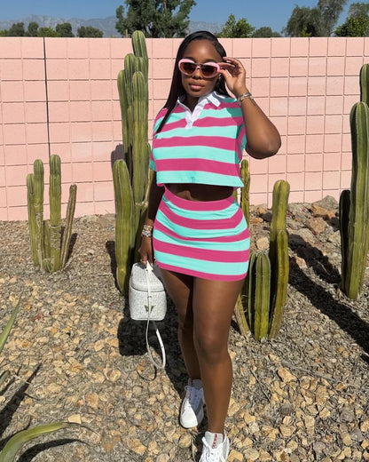 HBQ Women's Casual Two Piece Skirt Sets Polo Collar Crop Top Striped Mini Dress Summer Vacation-Stripe