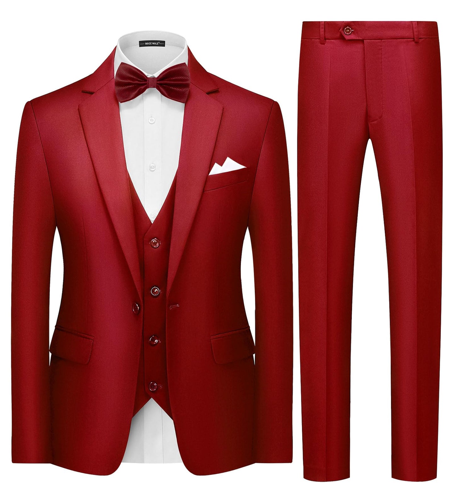 MAGE MALE Mens 3 Piece Suits Slim Fit Tuxedo Suit Set Soild Prom Wedding Suits One Button Blazer Vest Pants Set with Bow Tie