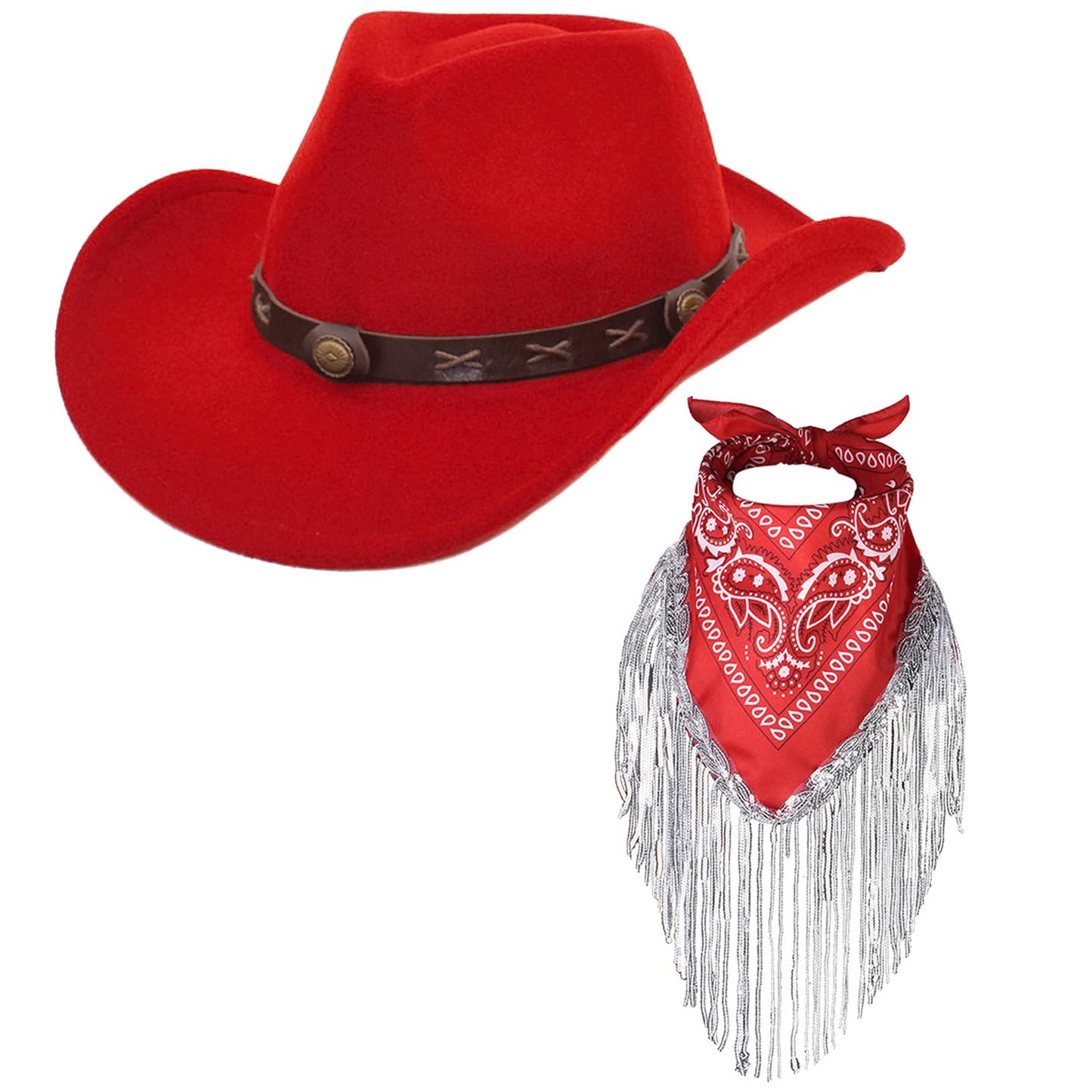 Ibeauti Cowboy Hat with Fringed Bandana Set for Women Wide Brim Western Cowgirl Hat Paisley Head Wrap Scarf