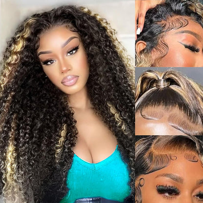 1B/30 Deep Wave Lace Front Wigs Human Hair Pre Plucked Balayage Ombre Brown Curly Lace Front Wig Human Hair13x4 HD Lace Frontal Glueless Wigs for Women 180% Density 26 Inch