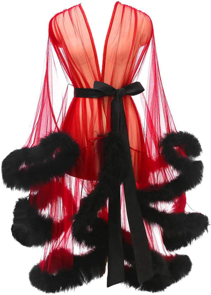 Tulle Feather Robe Sexy Sheer Mesh Fur Bridal Illusion Boudoir Bathrobe Nightgown Christmas Lingerie