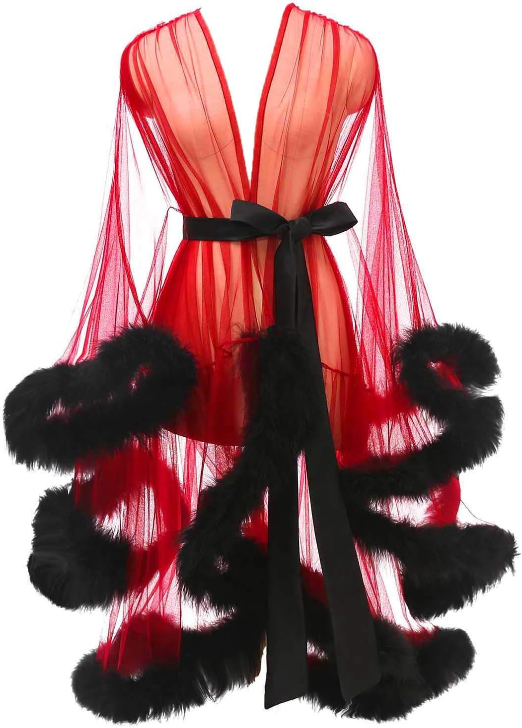 Tulle Feather Robe Sexy Sheer Mesh Fur Bridal Illusion Boudoir Bathrobe Nightgown Christmas Lingerie