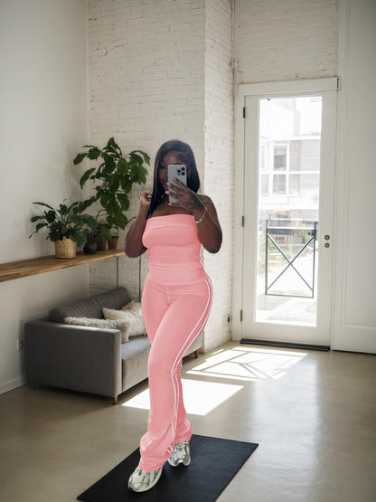 HBQ Women Two Piece Outfits Strapless Crop Top and Flare Pants Casual Stripe Lounge Sets Tracksuits