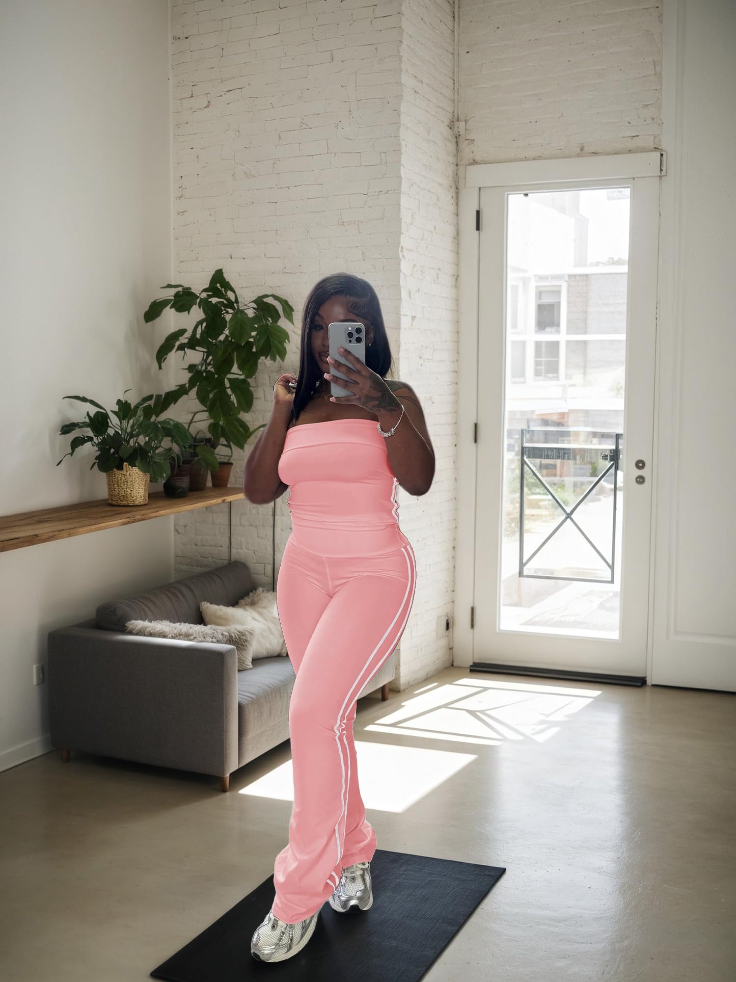 HBQ Women Two Piece Outfits Strapless Crop Top and Flare Pants Casual Stripe Lounge Sets Tracksuits