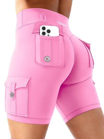 YEOREO CoreFlex Women Workout Biker Shorts with Cargo Pockets Hidden Scrunch High Waisted 8" Inseam Gym Shorts