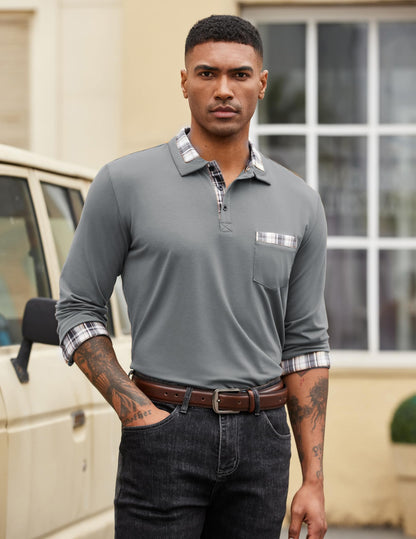 COOFANDY Men's Casual Polo Shirt Long Sleeve Classic Plaid Button Tees with Pockets