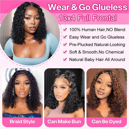Curly Bob Wig Human Hair Deep Wave 13x4 HD Lace Front Wigs For Black Women Human Hair Pre Plucked Wear And Go Glueless Short Wet And Wavy Ombre Honey Blonde Highlight Color 4/27 14 Inch