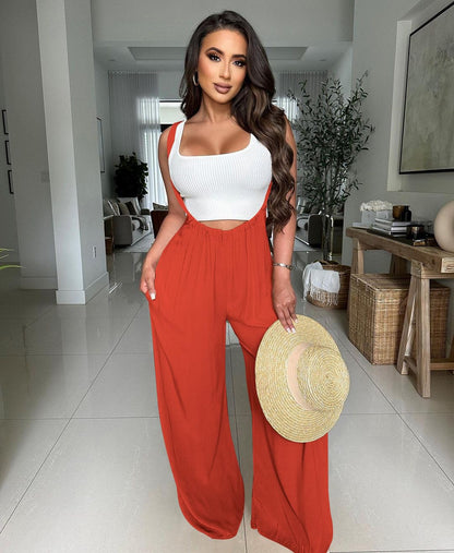 Nimsruc Womens Jumpsuit Casual Loose Sleeveless Adjustable Spaghetti Straps Wide Leg Pants Baggy Overalls With Pockets