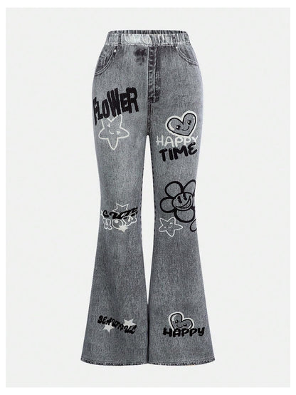 SOLY HUX Girl's 2 Piece Summer Outfits Cute Graphic Print Short Sleeve Tee Tops and Flare Leg Pants Set