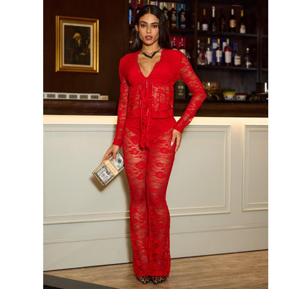 acelyn 2 Piece Lace Outfits For Women Floral Sheer Tie Frone Long Sleeve Crop Top and Flared Pants Y2K Club Outfit