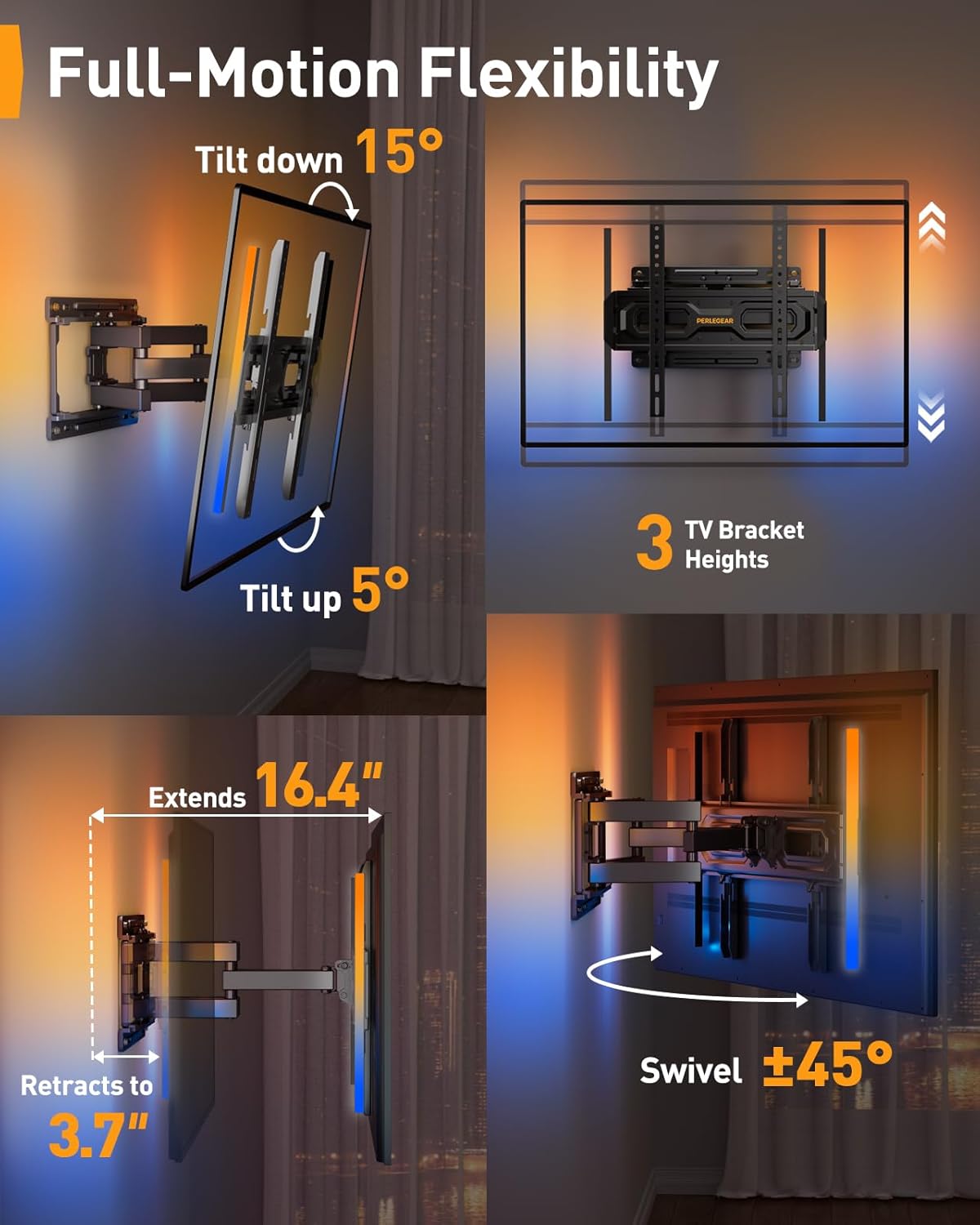 Perlegear Pre-Assembled TV Wall Mount with LED Lights for 26-65 inch TVs up to 99 lbs, Max VESA 400x400mm, Swivel, Extension, Tilt, TV Backlights with Music Sync, Fits 16”/12” Wood Studs, PGMF20