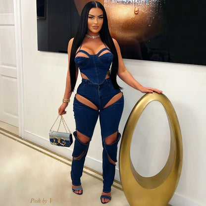 Denim 2 Piece Outfit for Women Sleeveless Cropped Tank Top Bodycon Pants Set Sexy Jean Hollow Out Party Club Tracksuit