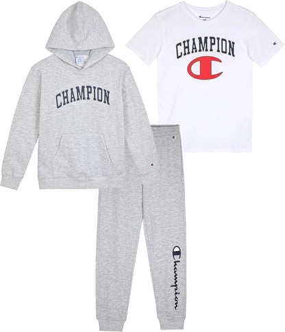 Champion Boys Sweatsuit Set for Kids 3 Piece Boys Hoodie Jogger and Tee Shirt Tracksuit Outfit