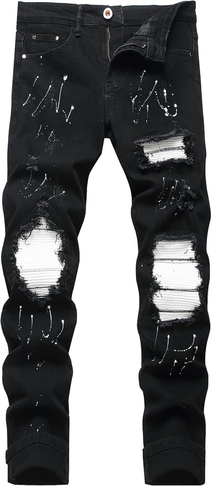 OIIIO Men's Patch Ripped Stretch Regular Fit Jean