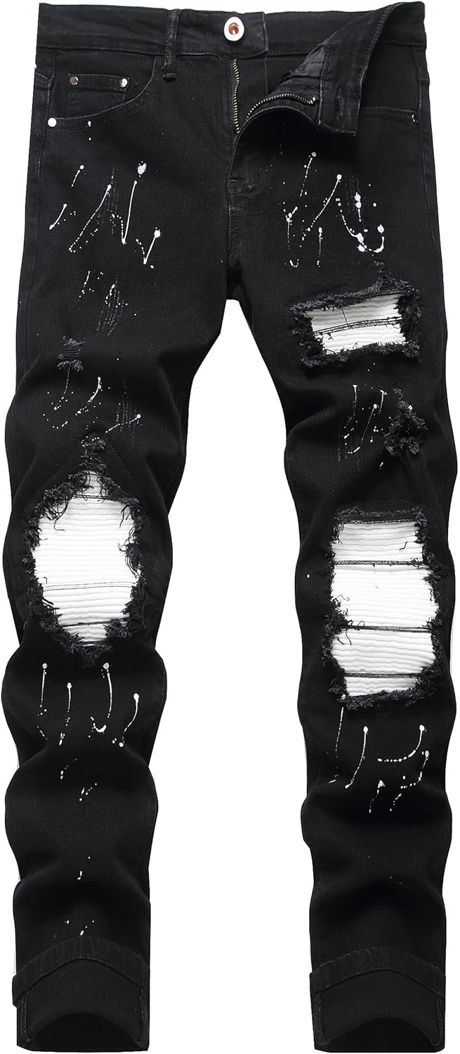 OIIIO Men's Patch Ripped Stretch Regular Fit Jean