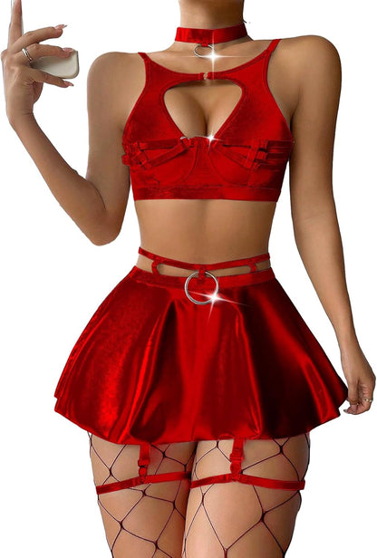 Lilosy Sexy Stocking Chocker Strappy Underwire O Ring Push Up Garter Belt Women Skirt 5 Piece