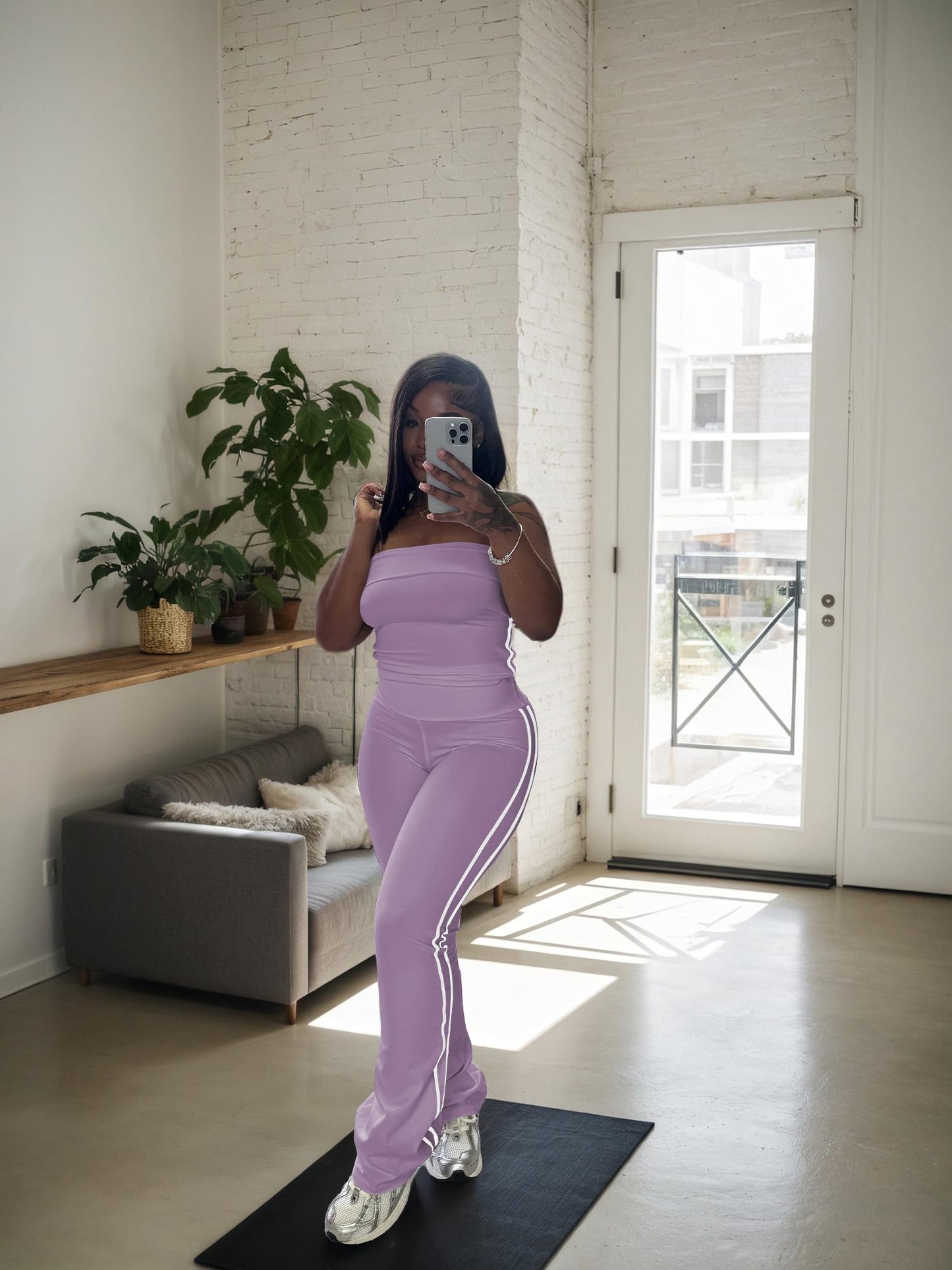 HBQ Women Two Piece Outfits Strapless Crop Top and Flare Pants Casual Stripe Lounge Sets Tracksuits