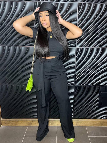 EDITCOZY Women 2 Piece Outfits Sexy Tie Front Crop Top Wide Leg Pants Sets Casual Summer Ribbed Two Piece Set