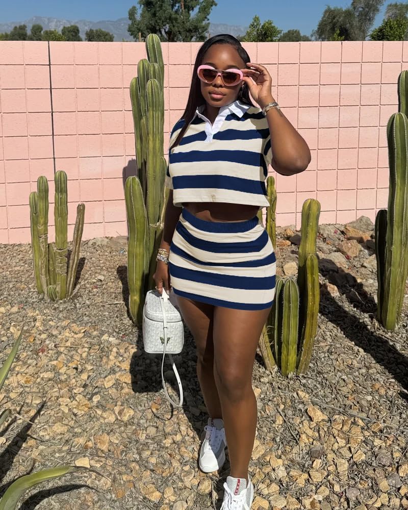HBQ Women's Casual Two Piece Skirt Sets Polo Collar Crop Top Striped Mini Dress Summer Vacation-Stripe