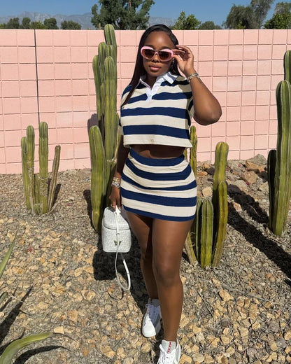 HBQ Women's Casual Two Piece Skirt Sets Polo Collar Crop Top Striped Mini Dress Summer Vacation-Stripe