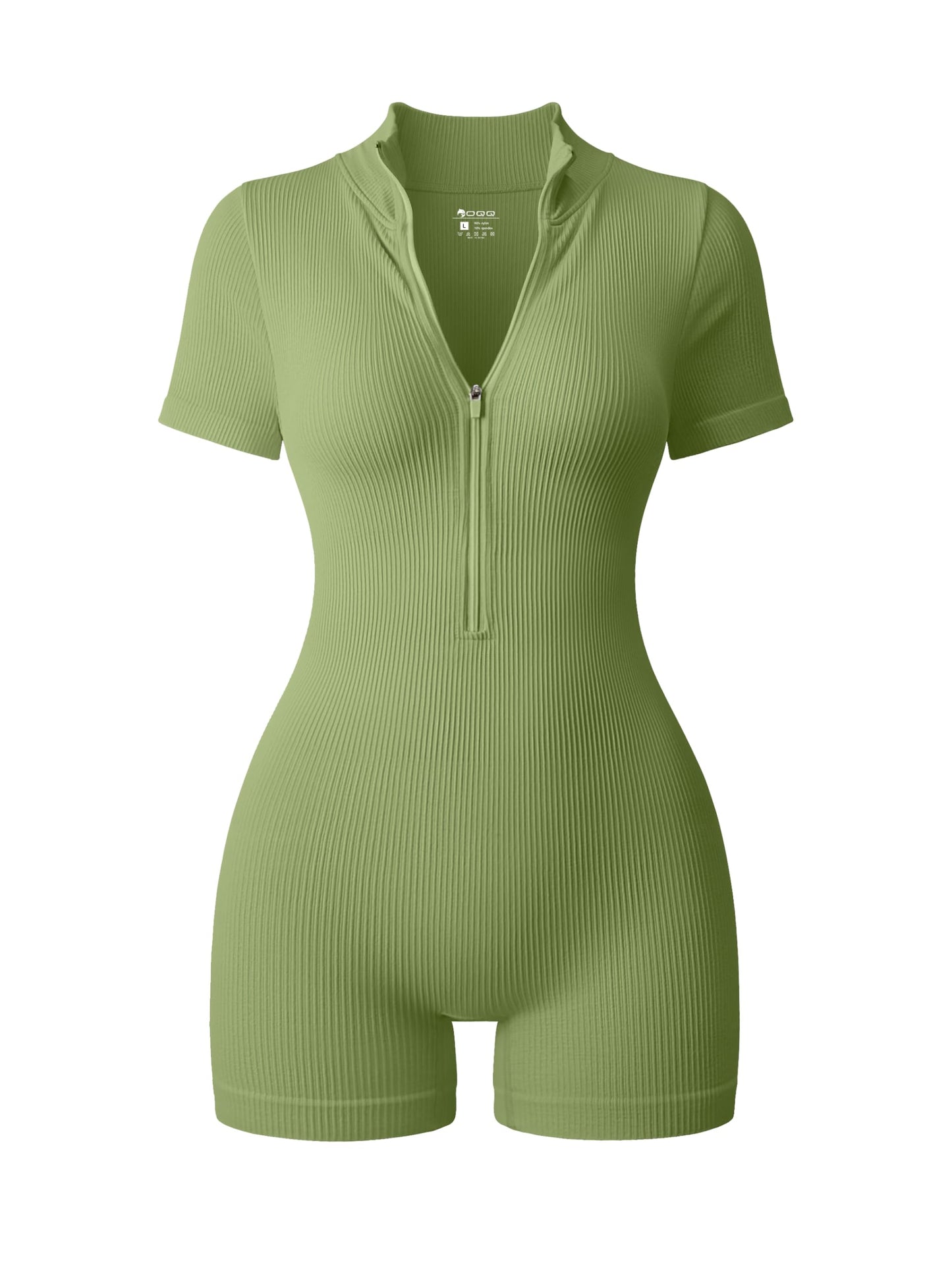 OQQ Women Rompers Ribbed Short Sleeve Zip Front Stretch Tummy Control Yoga Workout Rompers
