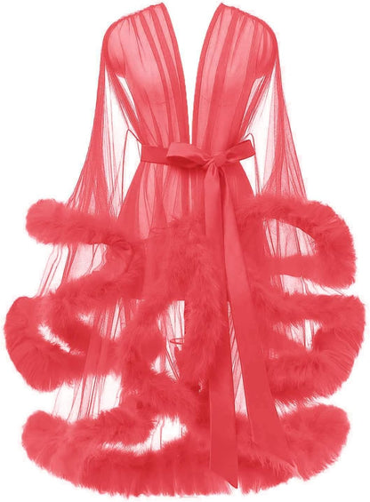 Tulle Feather Robe Sexy Sheer Mesh Fur Bridal Illusion Boudoir Bathrobe Nightgown Christmas Lingerie