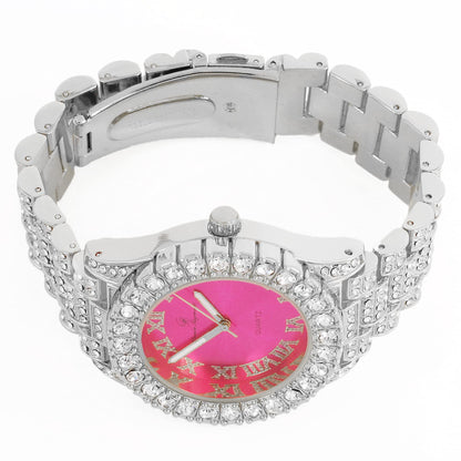 Charles Raymond Women's Big Rocks Bezel Colored Dial with Roman Numerals Fully Iced Out Watch - ST10327LA