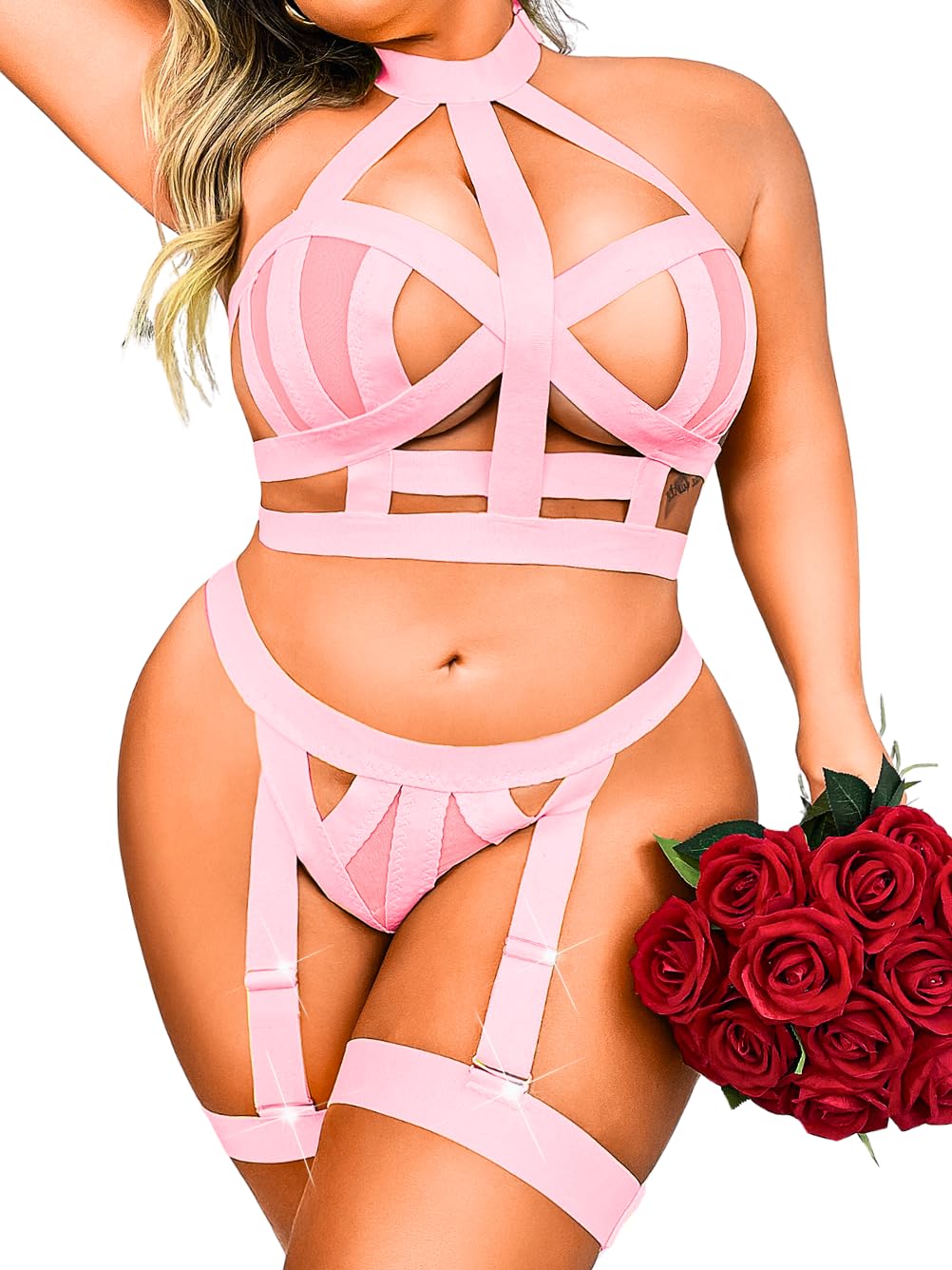 Curvy Lady's Strappy Lingerie For Women, Plus Size Exotic Garter Thong, BBW Halter Gifts For Him 3 Piece Set