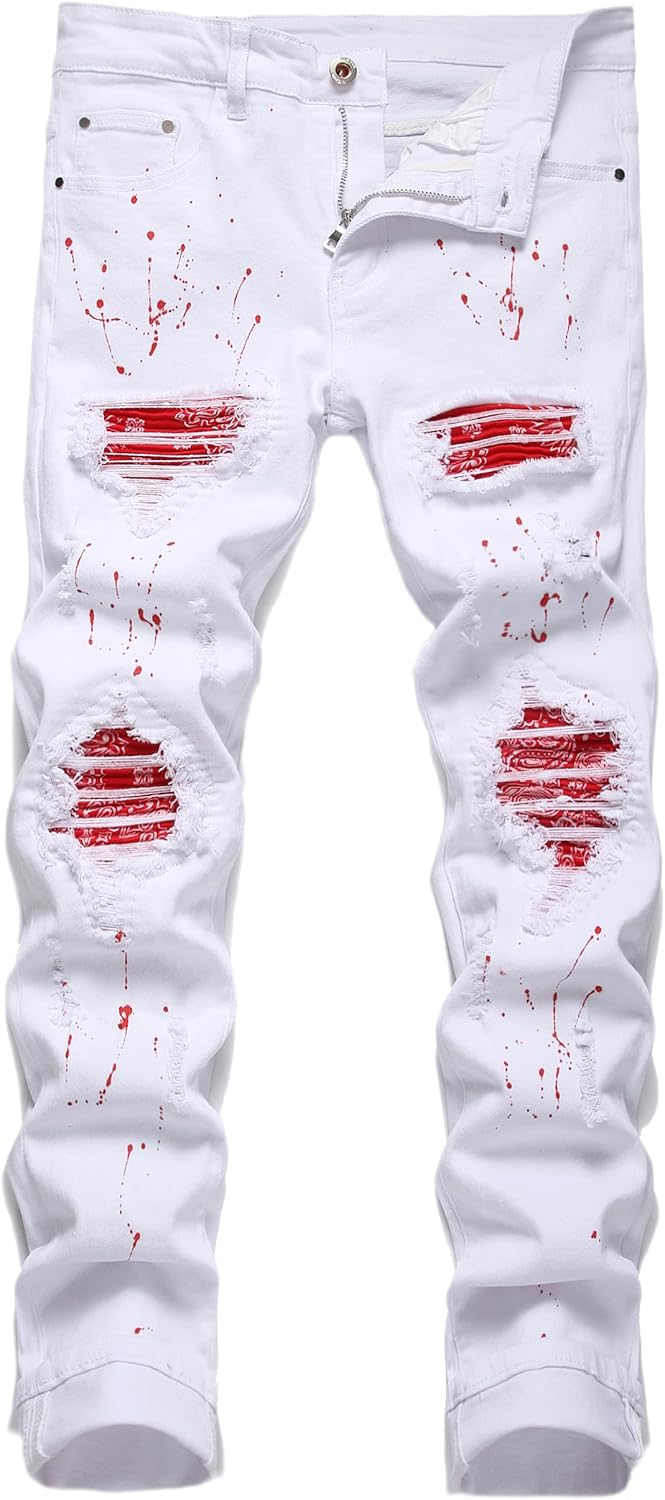 OIIIO Men's Patch Ripped Stretch Regular Fit Jean