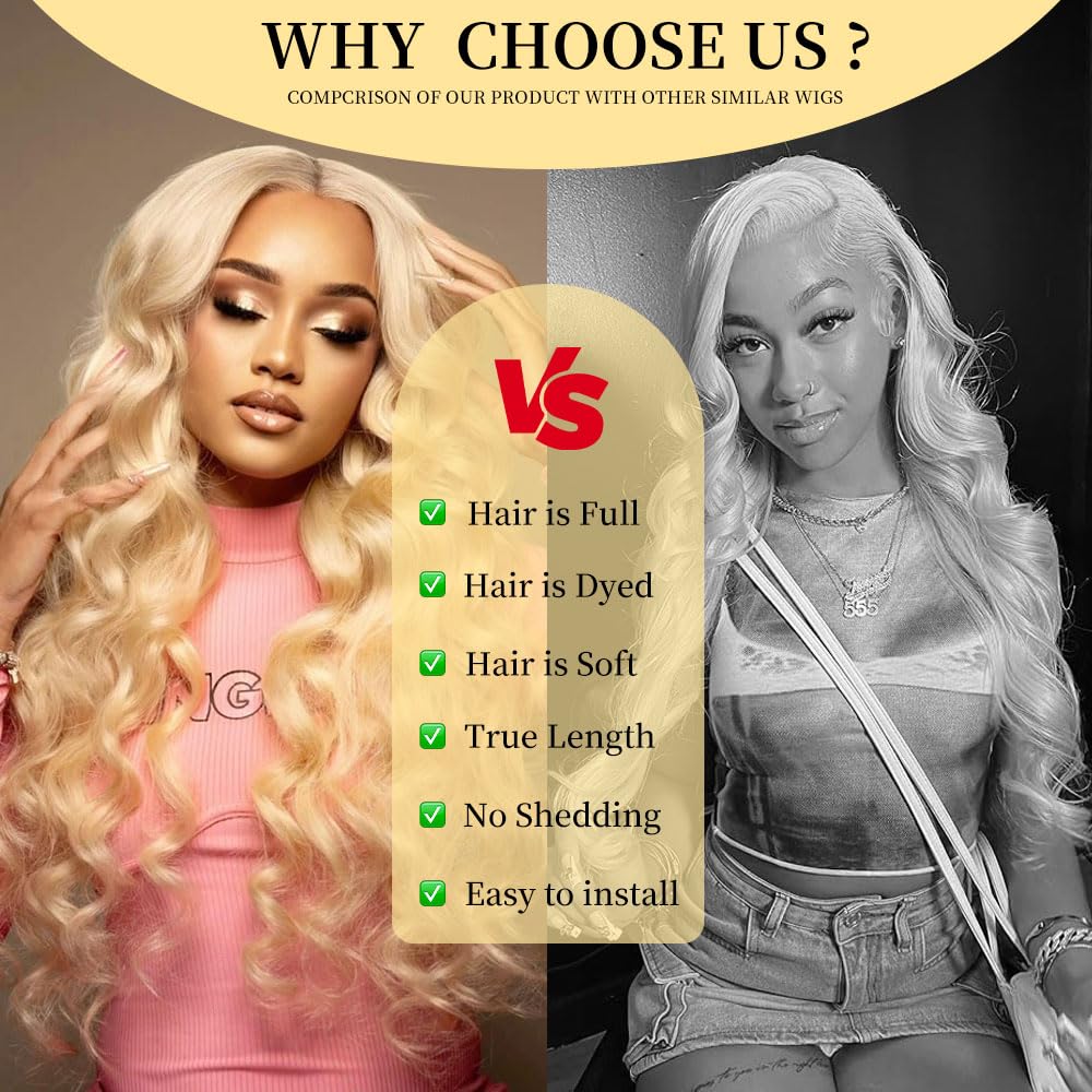 613 13x6 Lace Front Wig Human Hair 30 Inch 100% Real Blonde Wig Human Hair Body Wave HD Lace Front Wigs Human Hair 200 Density Easily Stained No Tangle Minimal Shedding Longer Life