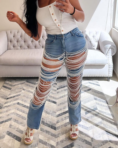 Womens Sexy Ripped Jeans High Waisted Rhinestones Pearl Chains Distressed Baggy Jeans Party Clubwear Denim Pants