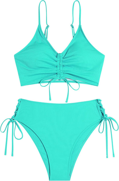 ZAFUL Women V Neck Bikini Set Ruched Tie Front High Waisted Floral Print Ribbed 2 Piece Bathing Suit Swimsuits