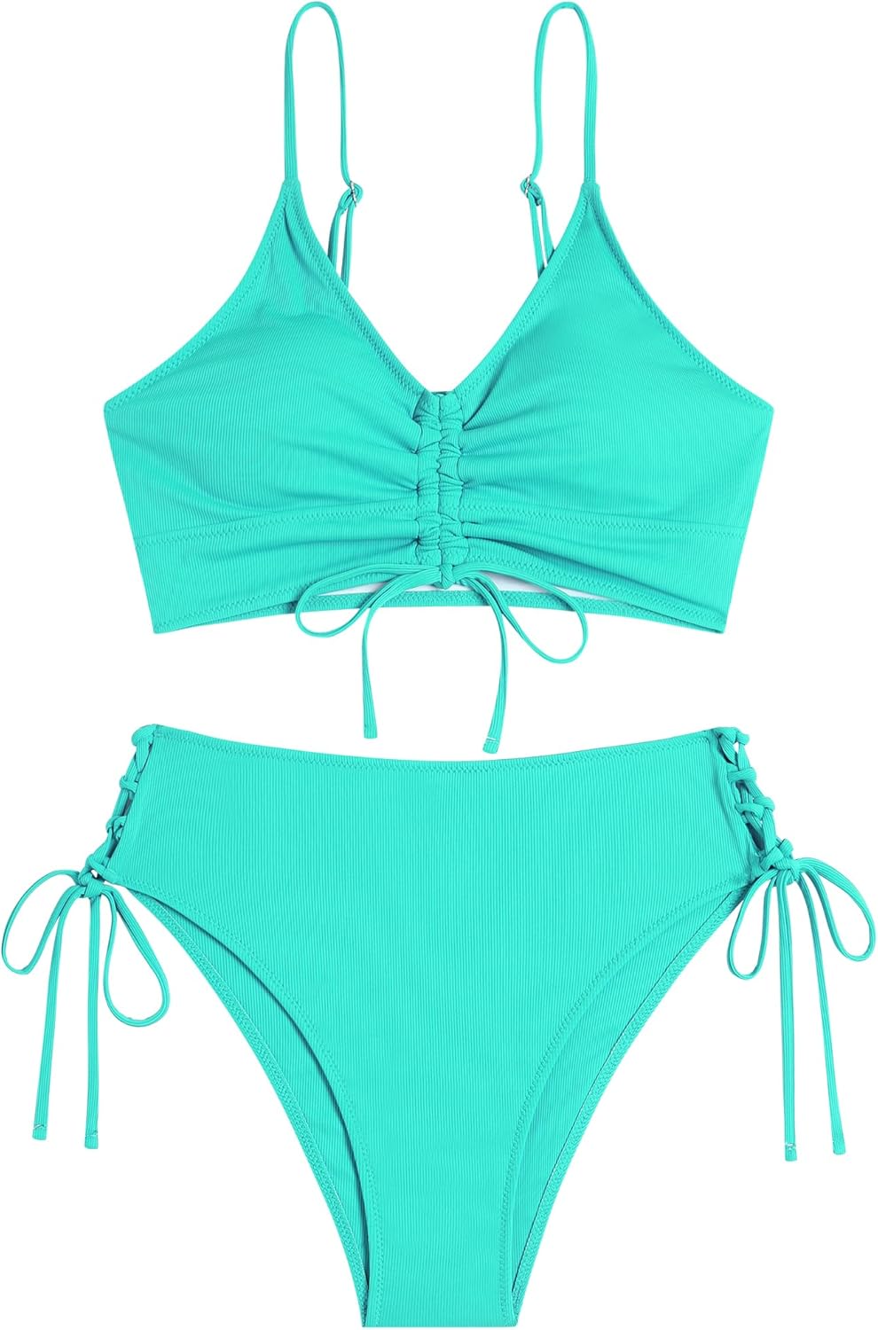 ZAFUL Women V Neck Bikini Set Ruched Tie Front High Waisted Floral Print Ribbed 2 Piece Bathing Suit Swimsuits