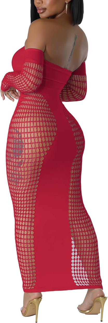 Women's Dress Sexy Club Dress Elegant Long Sleeve Off Shoulder Hollow Out Mesh Bodycon Party Dresses