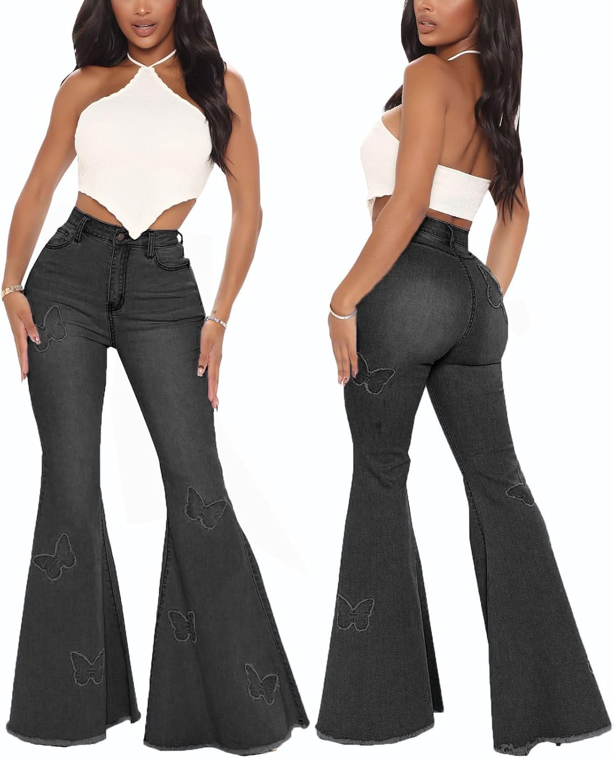 Women's Bell Bottom Jeans Classic Destoryed Ripped Flare Jeans Elastic Waist Raw Hem Denim Pants