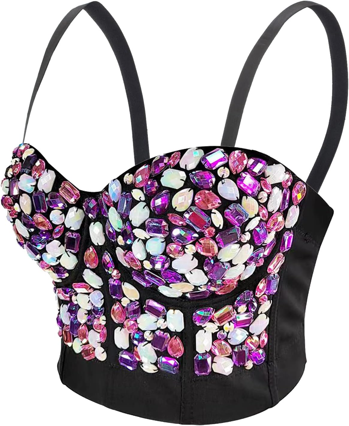 Women's Handmade Rhinestone Diamond Push up Bustier Crop Top Punk Corset Bra Vest