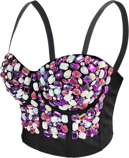 Women's Handmade Rhinestone Diamond Push up Bustier Crop Top Punk Corset Bra Vest