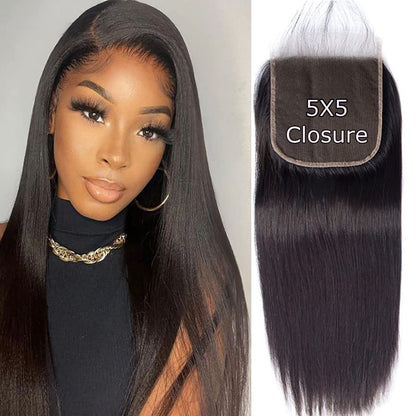 Hd Closure 5x5 Straight Closure 5x5 Transparent Lace Closure 12A Virgin Remy Human Hair Frontal Closure Pre Plucked With Baby Hair Natural Black Color(14inch)