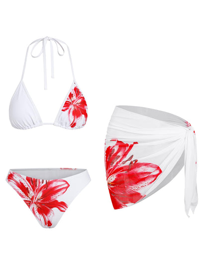 ZAFUL Womens 3pcs Swimsuit Floral Halter Triangle Bikini Top Tie Side Bottom with Long Sheer Cover Up Skirt