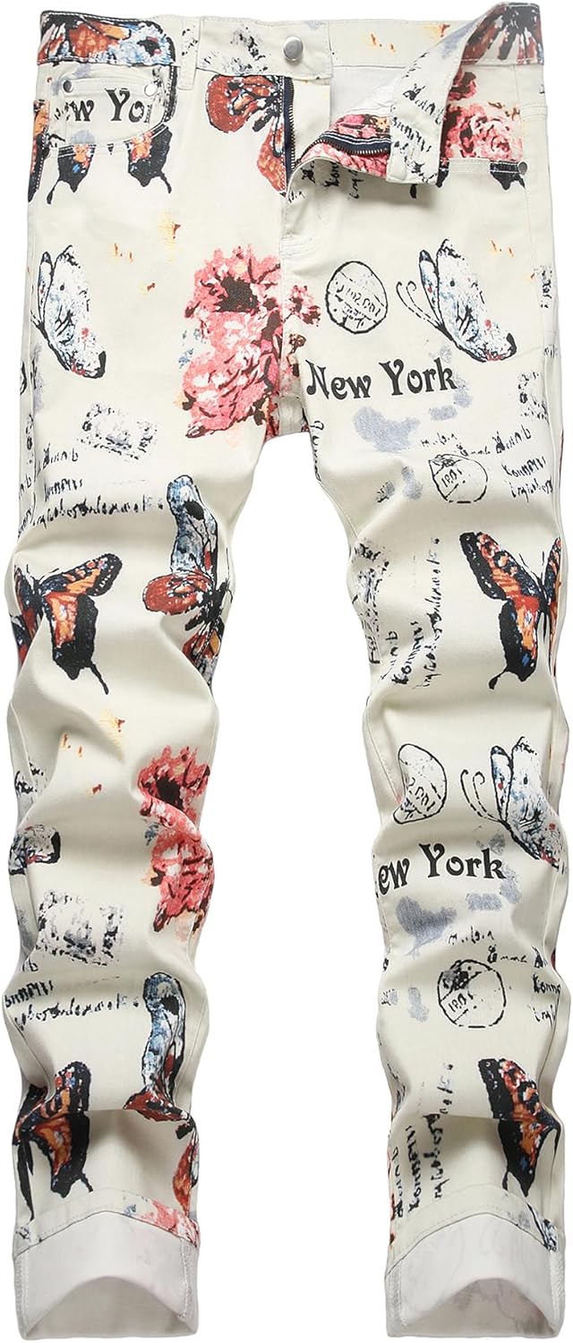 Baylvn Men's Casual Printed Slim Fit Jeans Skinny Denim Pants