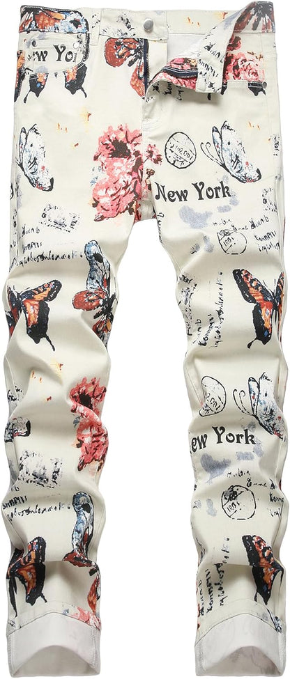 Baylvn Men's Casual Printed Slim Fit Jeans Skinny Denim Pants
