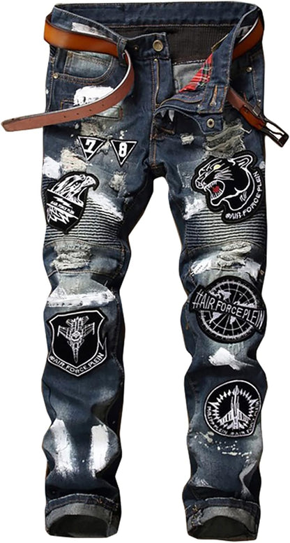 Enrica Men's Ripped Straight Slim Moto Biker Jeans