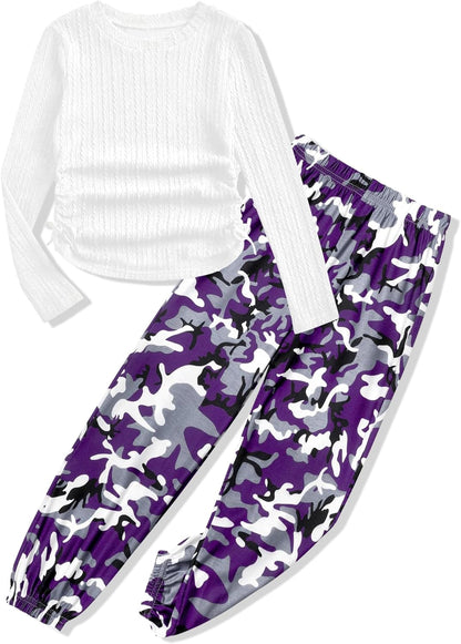 Girls' Clothing Sets Ribbed Knit Crewneck T-Shirt & Camo Print Elastic Waist Pants Girls Clothes Size 6-16Y