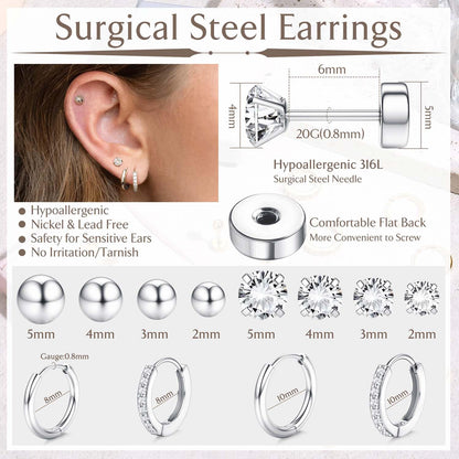 Jstyle Hypoallergenic Surgical Steel Earrings for Sensitive Ears 14K Gold Flat Back Earrings for Women Men Small Stainless Steel Earrings Flatback Stud Hoop Cartilage Earring Set for Multiple Piercing
