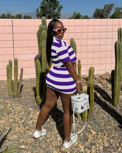 HBQ Women's Casual Two Piece Skirt Sets Polo Collar Crop Top Striped Mini Dress Summer Vacation-Stripe