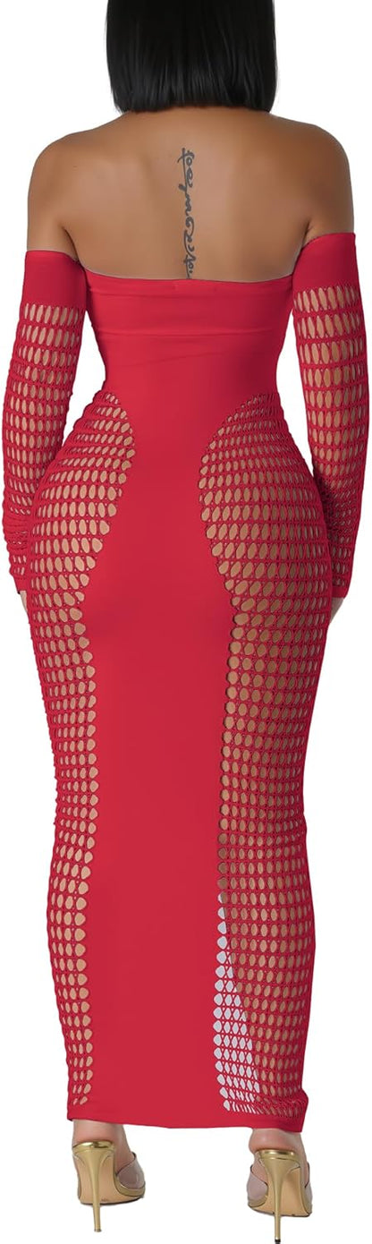 Women's Dress Sexy Club Dress Elegant Long Sleeve Off Shoulder Hollow Out Mesh Bodycon Party Dresses