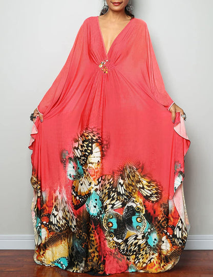 Bsubseach Women Ethnic Print Kaftan Beach Dress Plus Size Swimsuit Cover Up